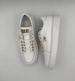 “TRIGRECA” LOW-TOP PALZINI SNEAKERS IN WHITE LEATHER WITH GOLD DETAILING