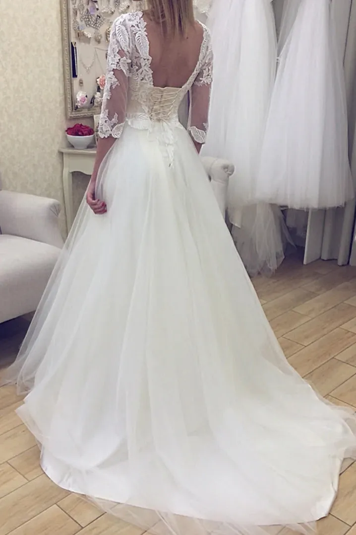 V Neck Lace Appliques 3/4 Sleeve Open Back Wedding Dresses OW679