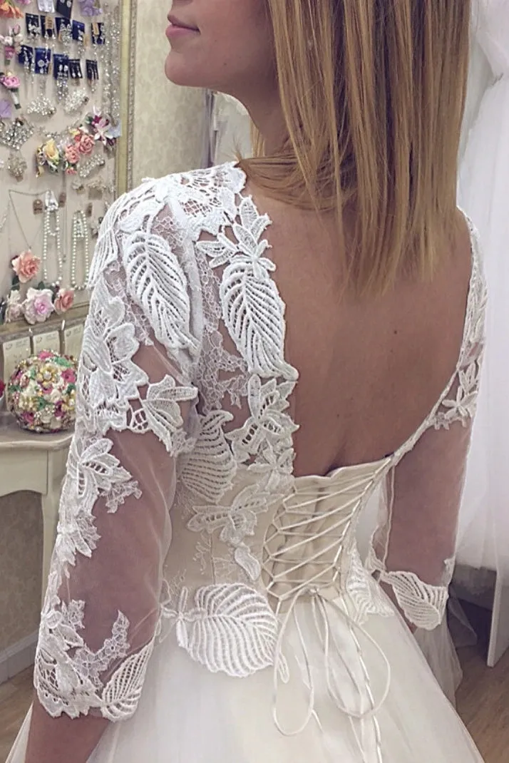 V Neck Lace Appliques 3/4 Sleeve Open Back Wedding Dresses OW679