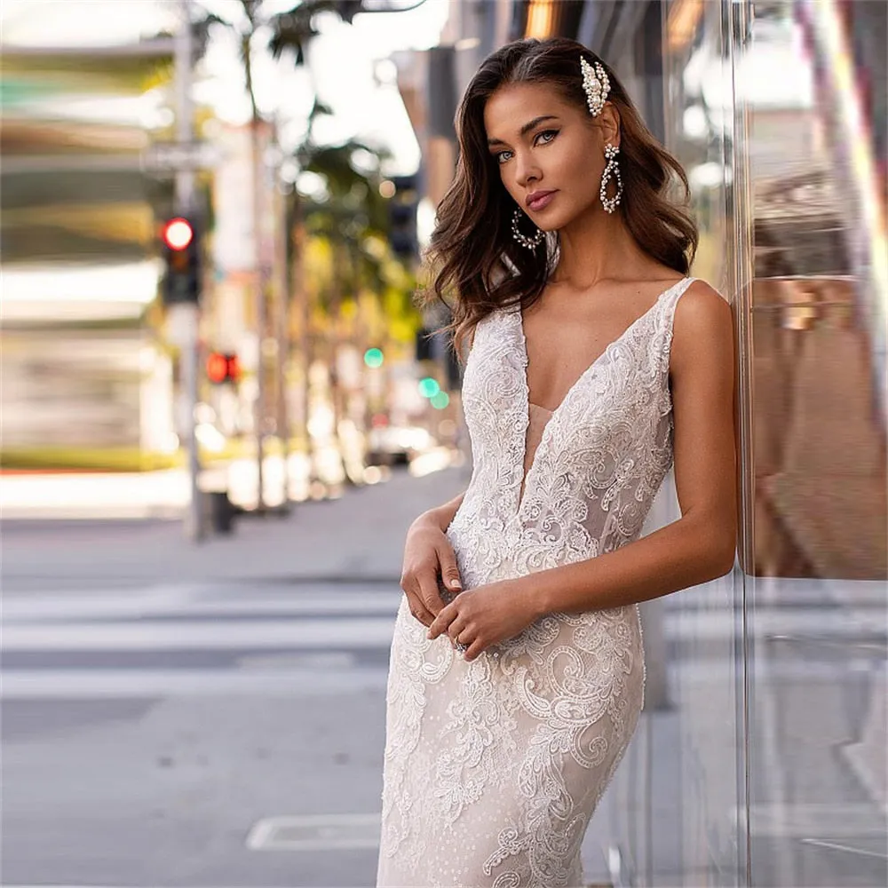 Wenkouban Sexy Deep V-Neck Wedding Dresses Sleeveless Mermaid Lace Appliqued Beach Bridal Gowns Bride Dresses Vestidos De Novia