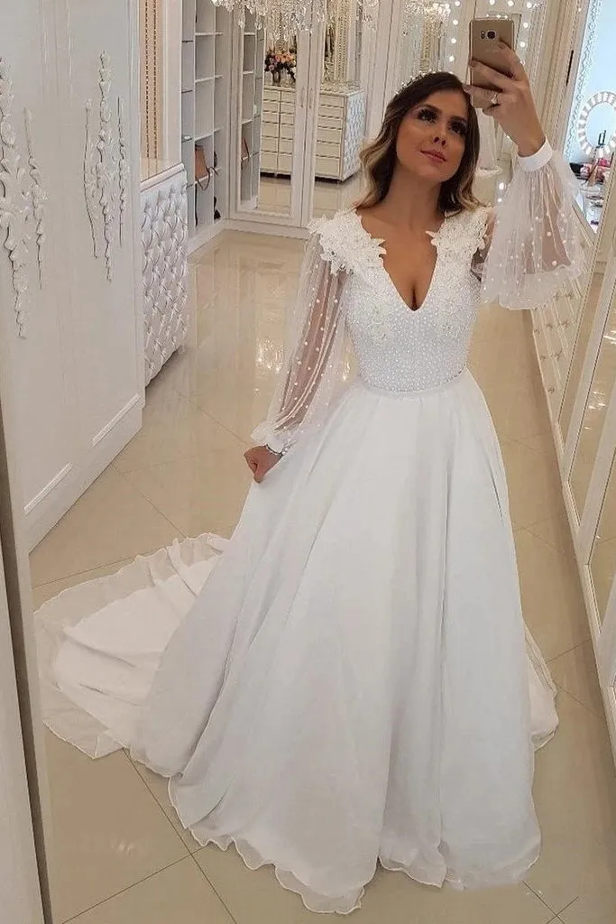 White V Neck Long Sleeve Beaded Appliques Chiffon Wedding Dresses OW693