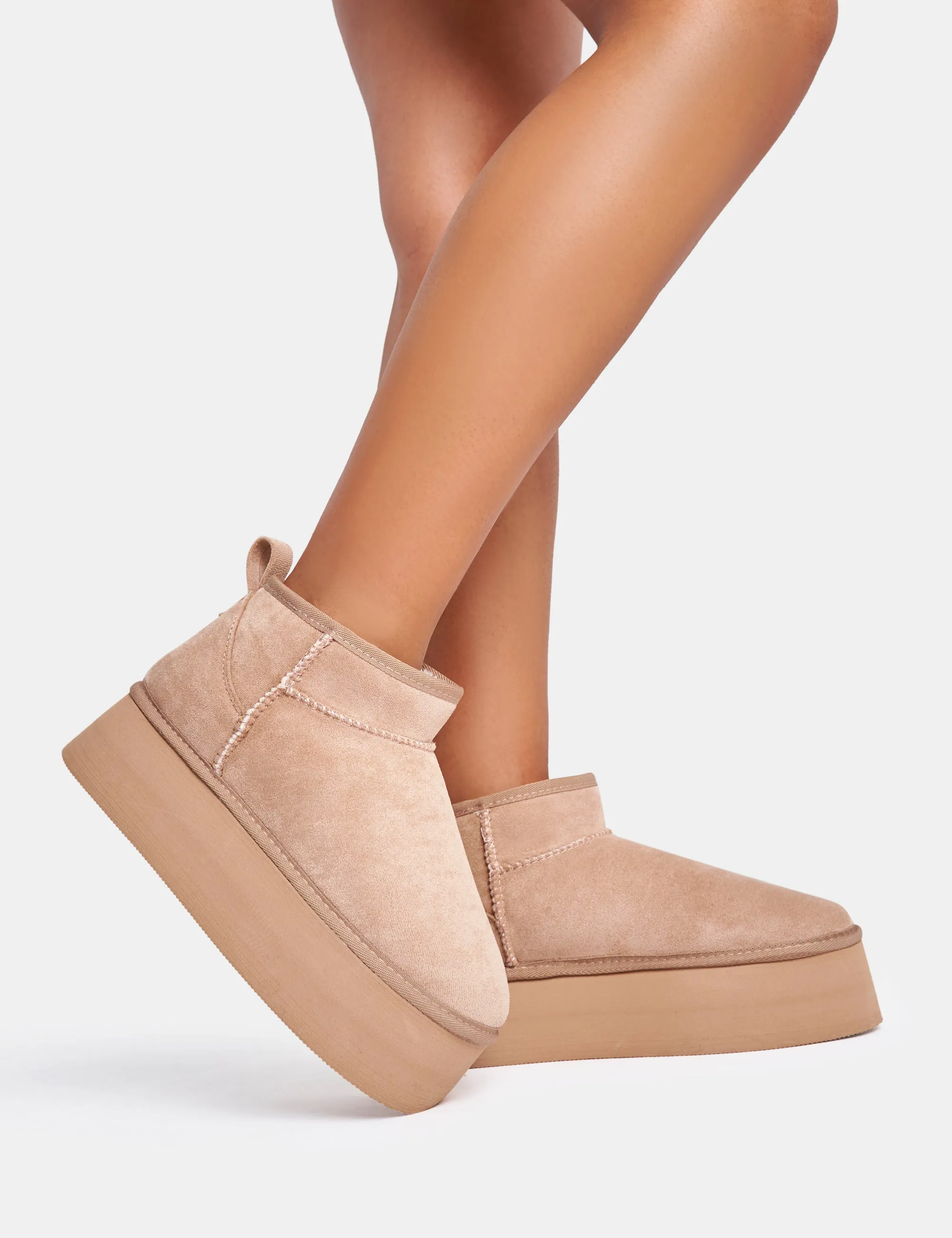 Willow Light Beige Faux Suede Ultra Mini Ankle Triple Platform Boots