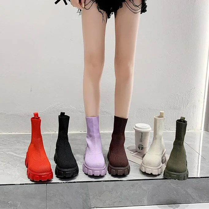 Women chunky platform solid color slip on sock booties