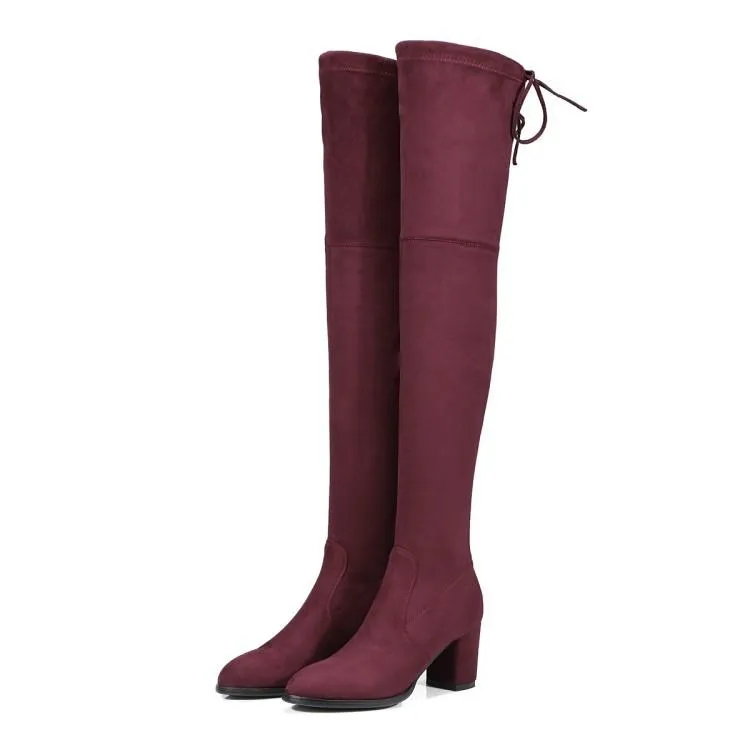 Women comfortable keep warm chunky heel back lace up over the knee boots