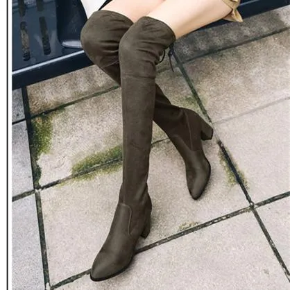 Women comfortable keep warm chunky heel back lace up over the knee boots