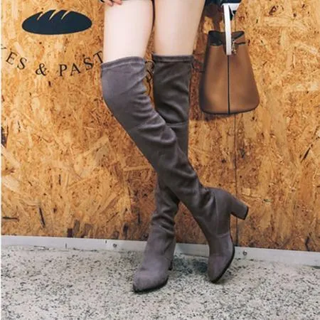 Women comfortable keep warm chunky heel back lace up over the knee boots