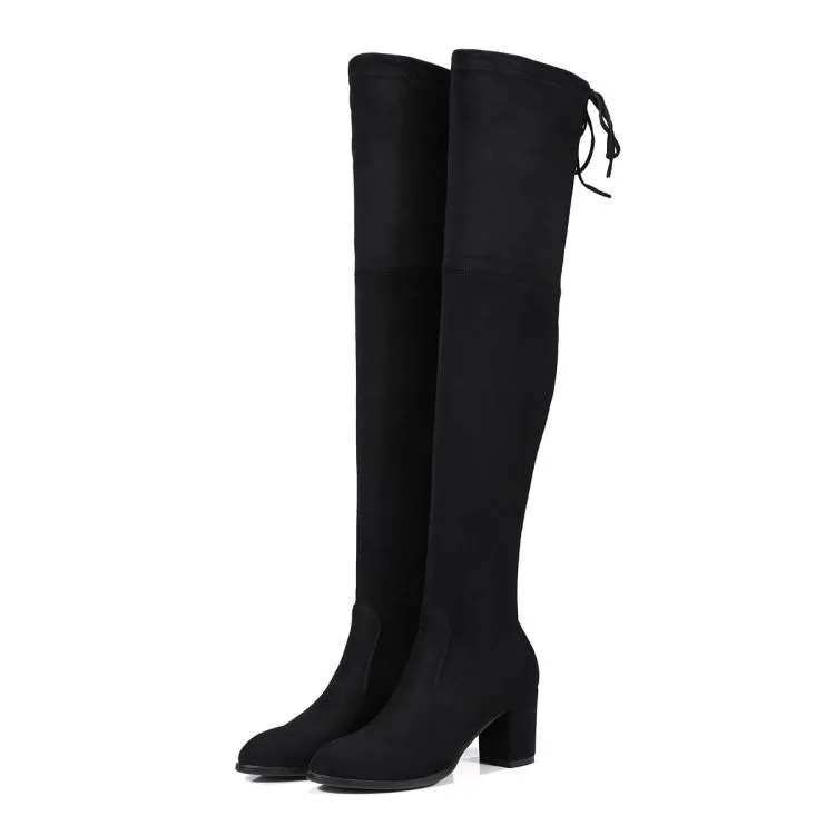 Women comfortable keep warm chunky heel back lace up over the knee boots