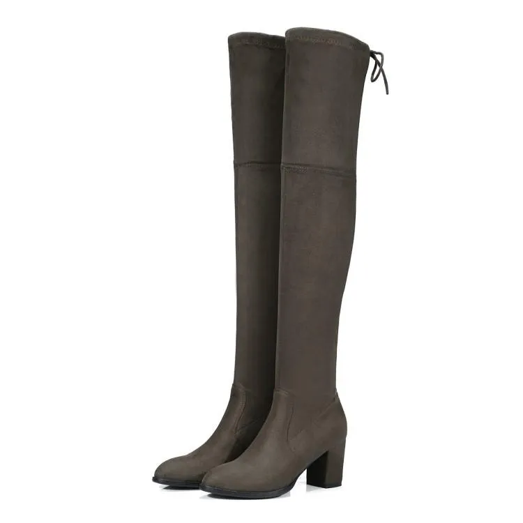 Women comfortable keep warm chunky heel back lace up over the knee boots