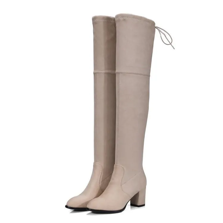 Women comfortable keep warm chunky heel back lace up over the knee boots