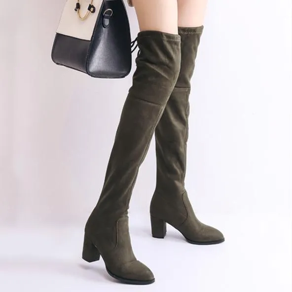 Women comfortable keep warm chunky heel back lace up over the knee boots