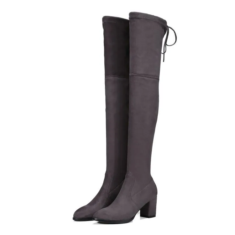 Women comfortable keep warm chunky heel back lace up over the knee boots