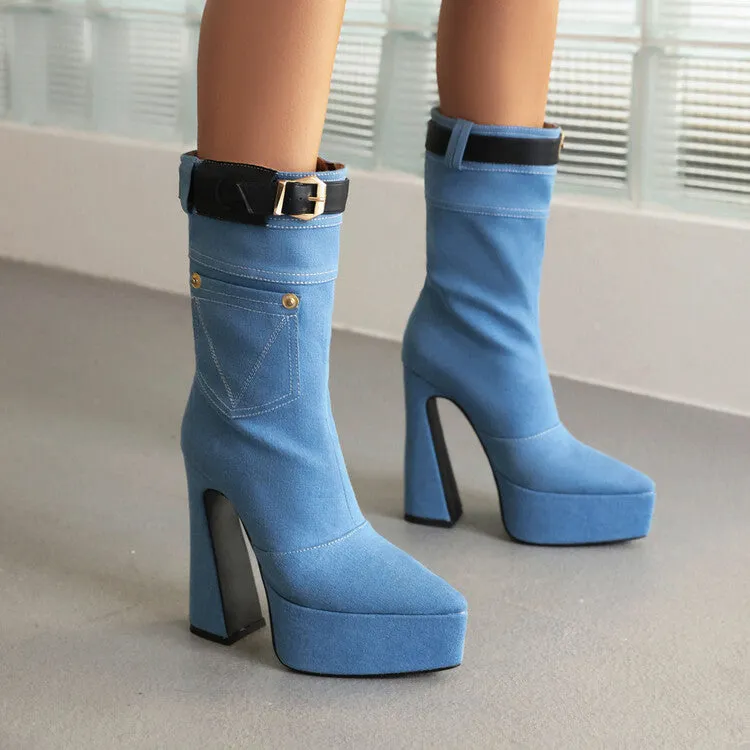 Women's Denim Pointed Toe Pocket Buckle Straps Spool Heel Platform Mid-calf Boots