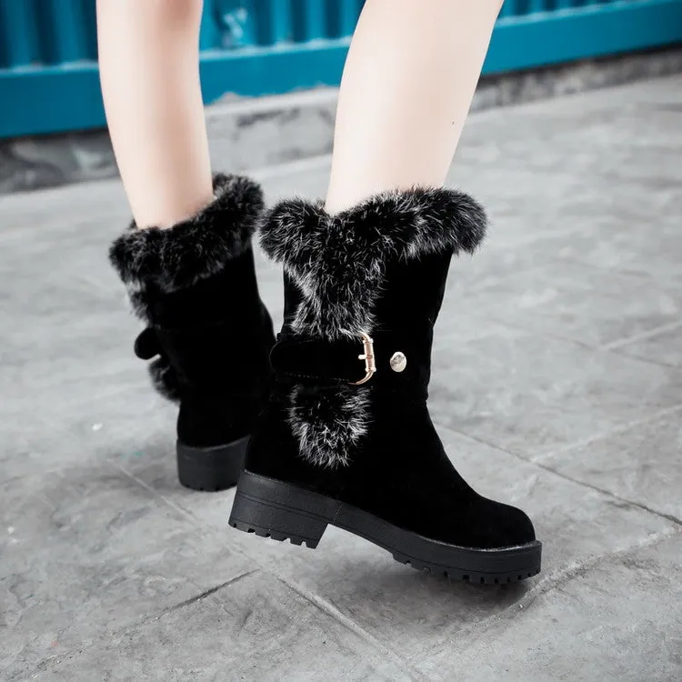 Women's Fur Buckle Belt Block Heel Snow Boots