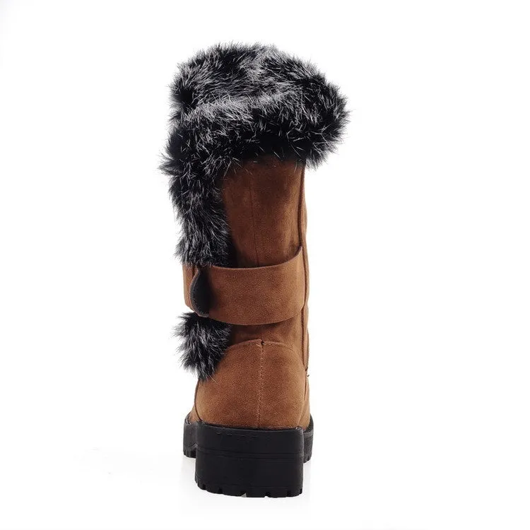 Women's Fur Buckle Belt Block Heel Snow Boots