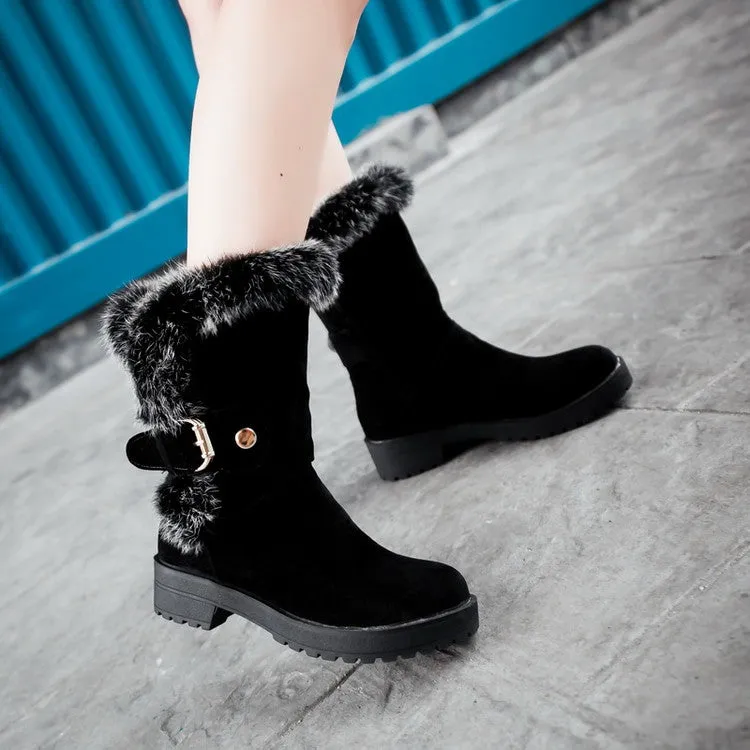 Women's Fur Buckle Belt Block Heel Snow Boots