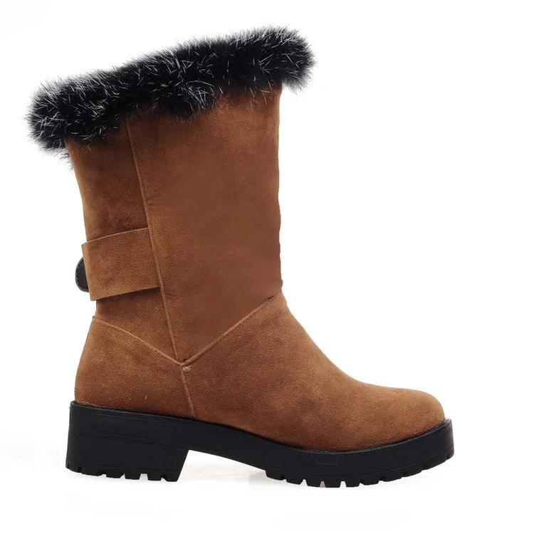 Women's Fur Buckle Belt Block Heel Snow Boots