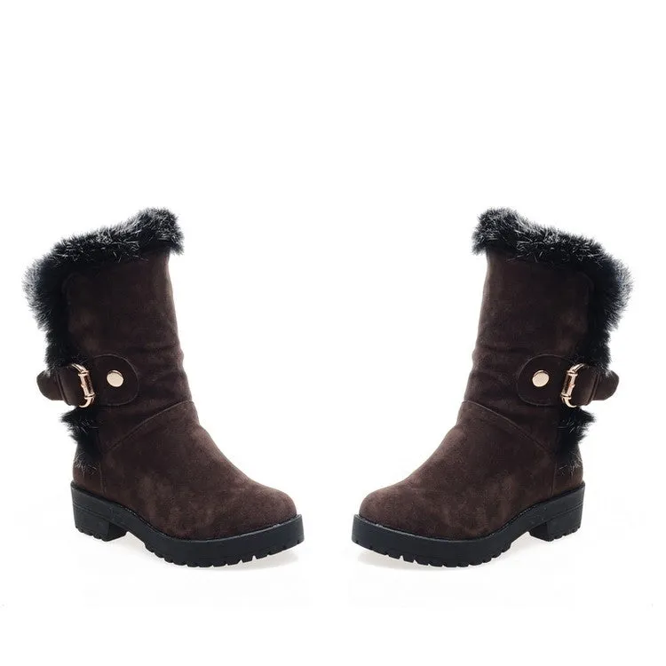 Women's Fur Buckle Belt Block Heel Snow Boots