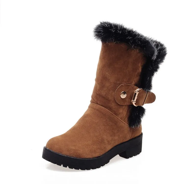 Women's Fur Buckle Belt Block Heel Snow Boots