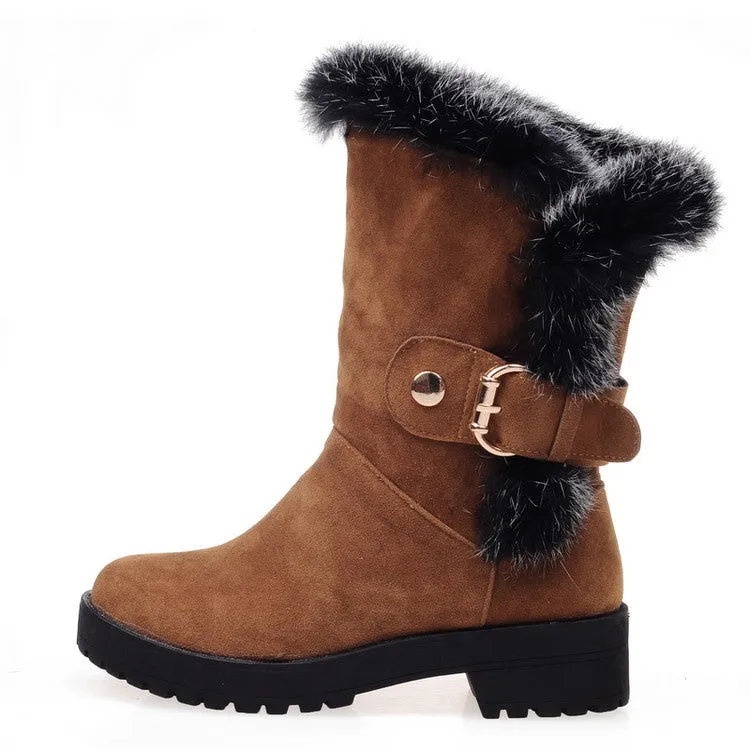 Women's Fur Buckle Belt Block Heel Snow Boots