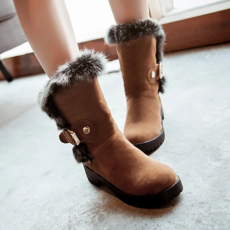 Women's Fur Buckle Belt Block Heel Snow Boots