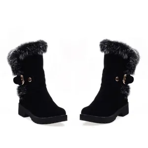 Women's Fur Buckle Belt Block Heel Snow Boots