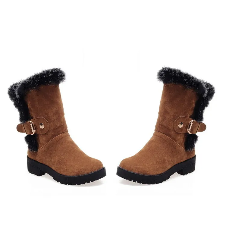 Women's Fur Buckle Belt Block Heel Snow Boots