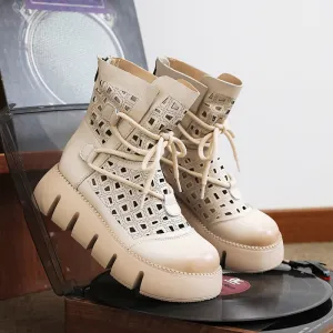 Womens Handmade Cut Out Leather Ankle Boots For Summer Lace Up in Beige/Black/Coffee