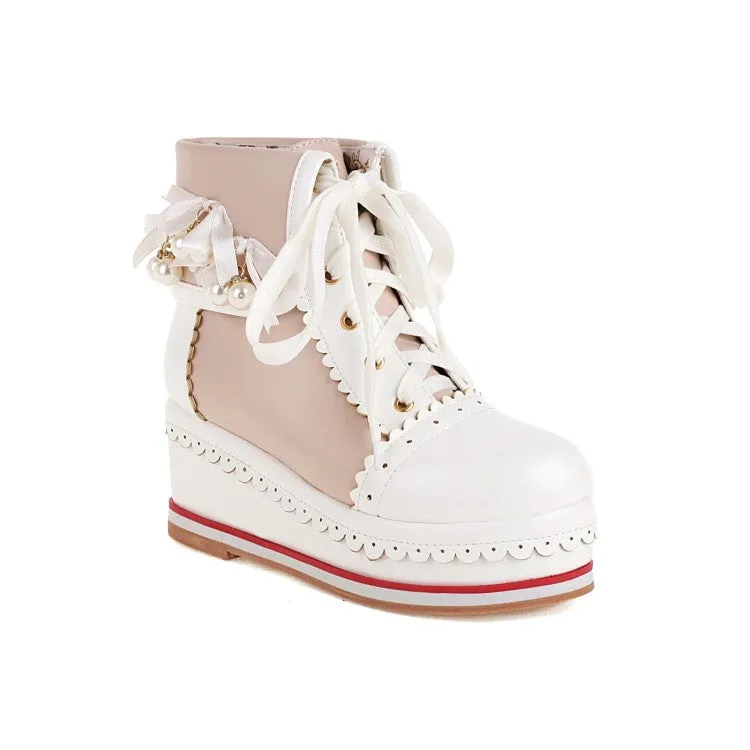 Women's Pu Leather Stitching Lace Up Fold Pearls Knot Platform Wedge Heel Short Boots