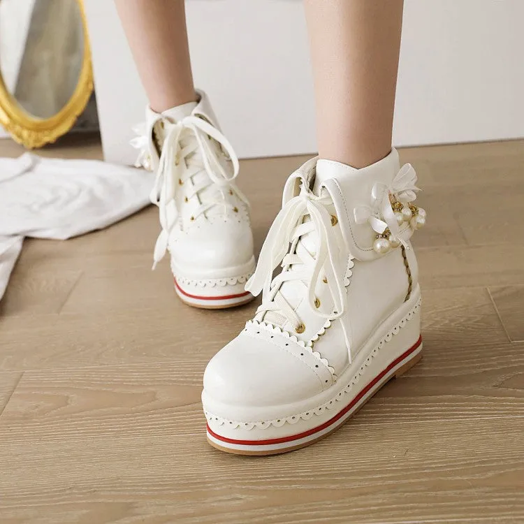 Women's Pu Leather Stitching Lace Up Fold Pearls Knot Platform Wedge Heel Short Boots