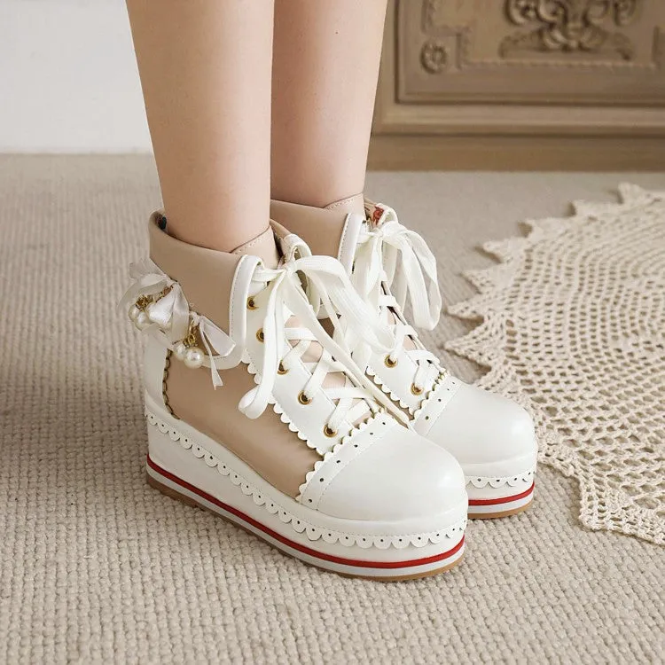 Women's Pu Leather Stitching Lace Up Fold Pearls Knot Platform Wedge Heel Short Boots