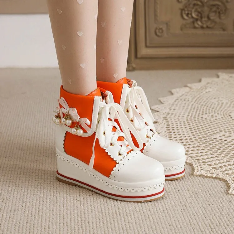 Women's Pu Leather Stitching Lace Up Fold Pearls Knot Platform Wedge Heel Short Boots