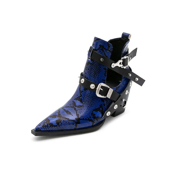 Women's Snake-printed Pointed Toe Rivets Buckle Straps Block Chunky Heel Short Boots