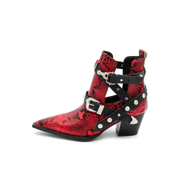 Women's Snake-printed Pointed Toe Rivets Buckle Straps Block Chunky Heel Short Boots