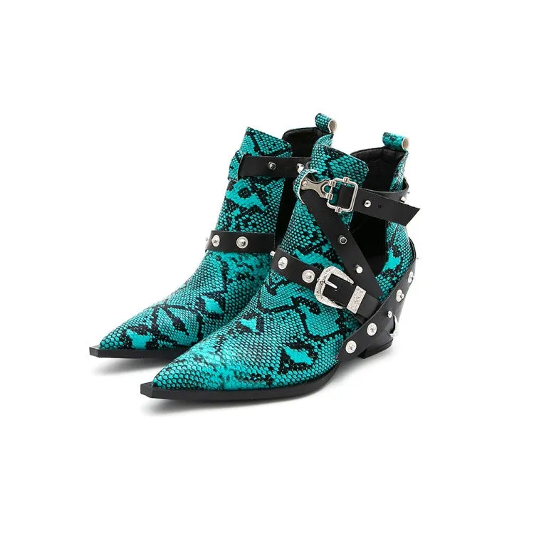 Women's Snake-printed Pointed Toe Rivets Buckle Straps Block Chunky Heel Short Boots